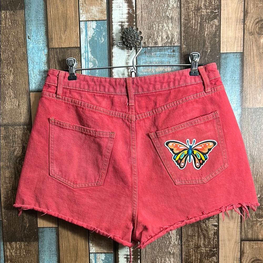 Red dyed Denim Women's Shorts with butterfly patch